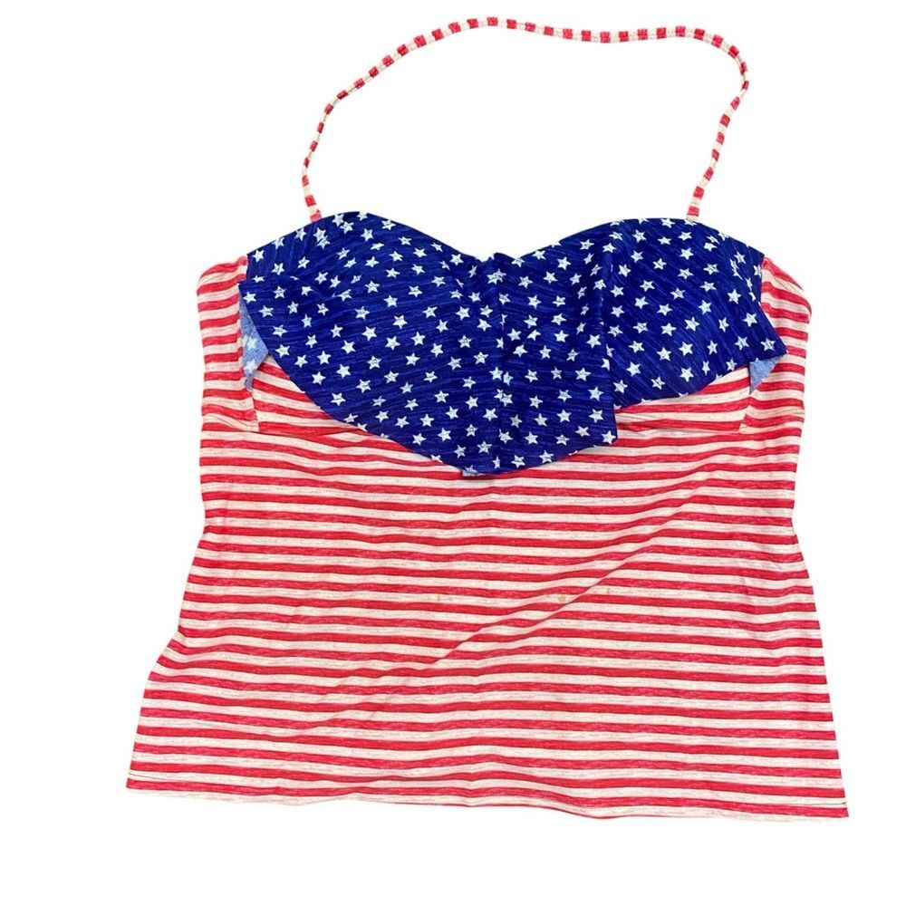 * Malibu XL tankini swim top ruffle bust halter closure stripes & stars